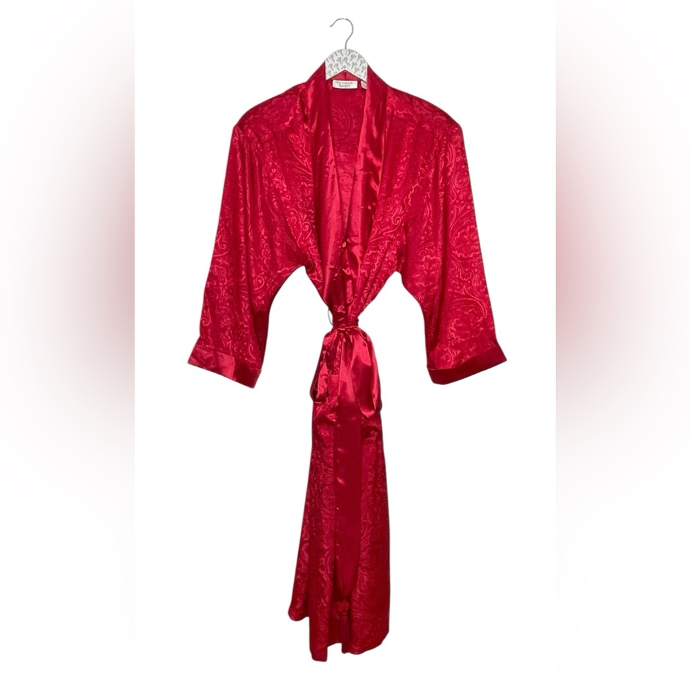 Vintage 80s 90s Victorias Secret Robe Red Satin Jacquard Kimono Gold Label